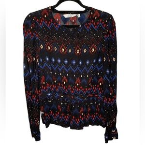 & Other Stories Ikat Print Button Front Long Sleeve Blouse Black Gold Metallic 8